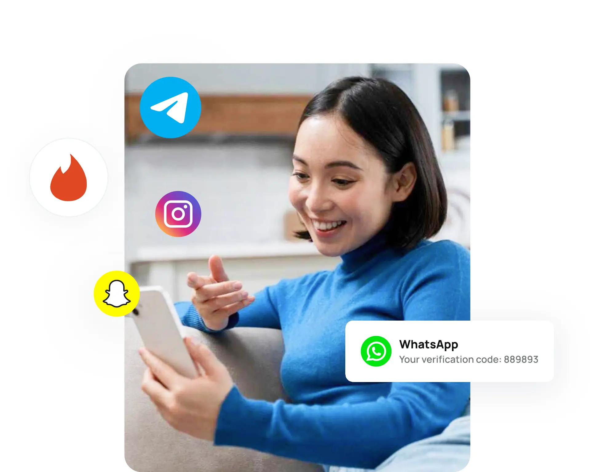 Woman with phone, receive SMS and app icons