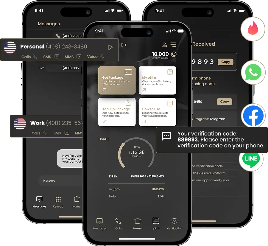 Phones showing second number app and verification